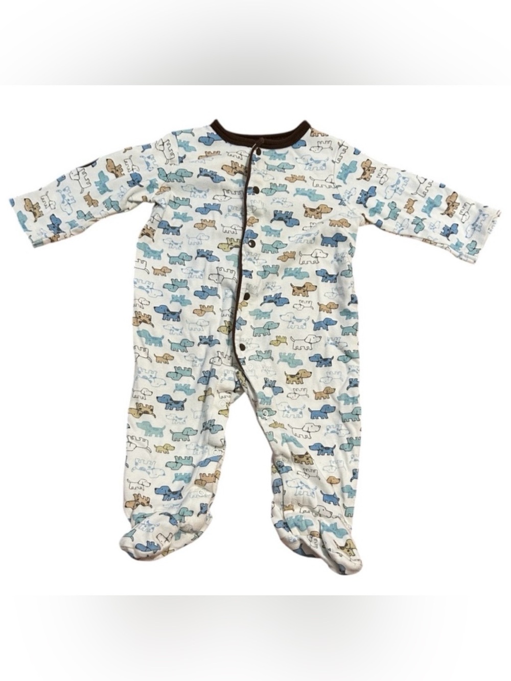 Little Me Baby Brown Blue Puppy Dogs Snap Sleeper Footie Onesie Size 9 Months